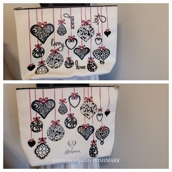 BRIGHTON holiday love notes tote bag purse w/logo heart zipper pull black red - Picture 5 of 17